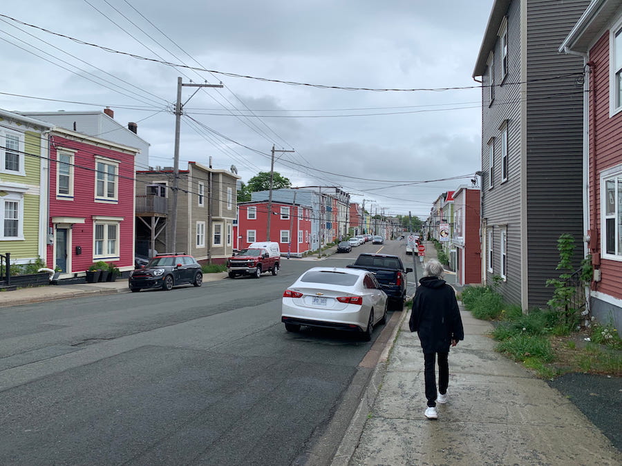 A walk past the colourful homes of St. John's Jellybean Row on an overcast day.